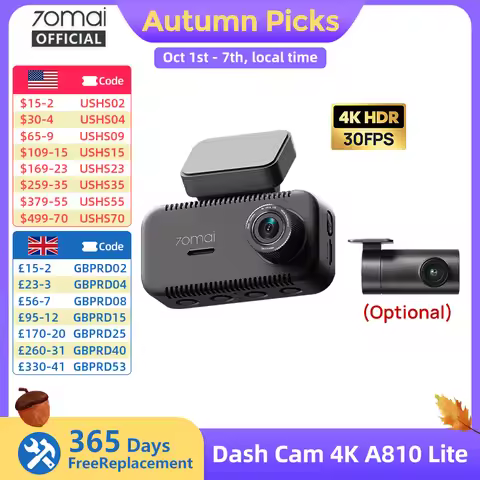 70mai Dash Cam 4K A810 Lite 4K HDR F1.55 Built-in GPS Wi-Fi 6 Voice Control 4G LTE Remote Control Ca