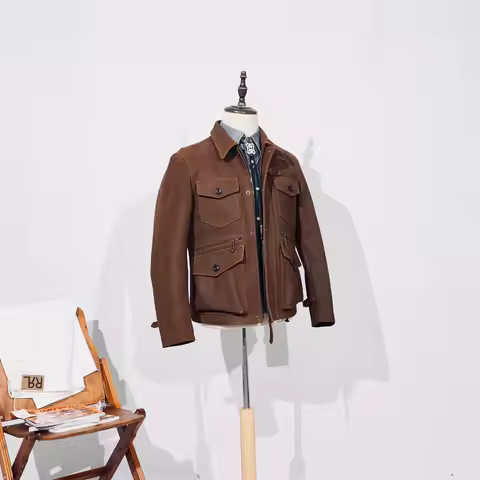 Tailor Brando American Vintage Full-Grain Cowhide Four-Pocket Men's Classic Leather Safari Jacket