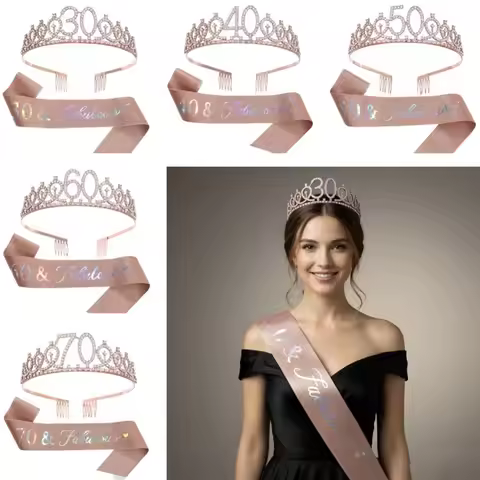 Birthday Party Crown Sash 18th 21th 30th 40th 50th Crystal Crown Tiara Printing Etiquette Belt Decor