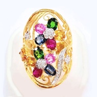 แหวนพลอยสลับสี น้ำหนักรวม 5.2 กะรัต ประดับเพชรแท้ ดีไซน์รูปดอกไม้ เต็มนิ้ว ตัวเรือนทองแท้ 90% มีใบรับประกันจากทางร้าน