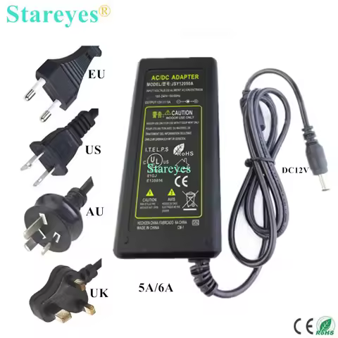1 Piece AC100-240V to DC 12V 5A 6A EU US AU UK Power Adapter Supply Charger LED Lighting Transformer
