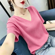Plus Size Gypsy Ice Silk V-Neck Short Sleeve Fashion Solid Color T-Shirt