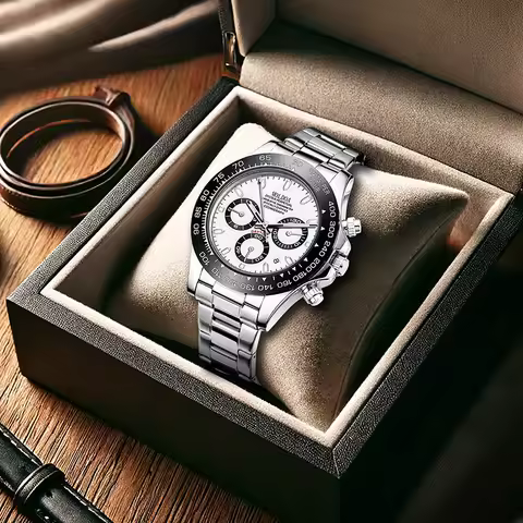 A men's silver and black business-casual niche three-dial calendar watch with a steel strap