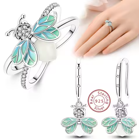 925 Sterling Silver Luminous Firefly Earrings Rings Set For Women Fine Birthday Wedding Jewelry Gift