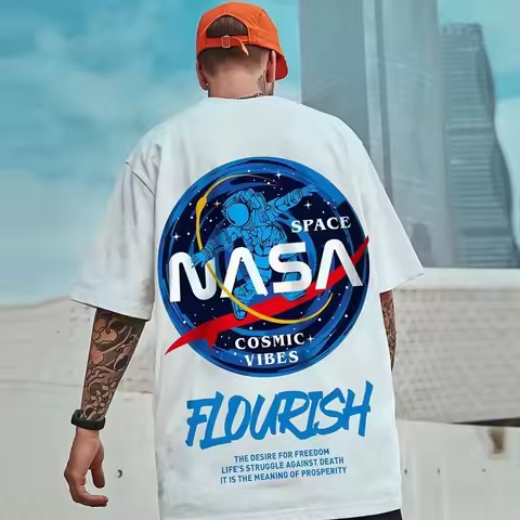 8XL Men Oversized Fashion American Vintage Astronaut NASA pattern Print Short Sleeve Round Neck Vers