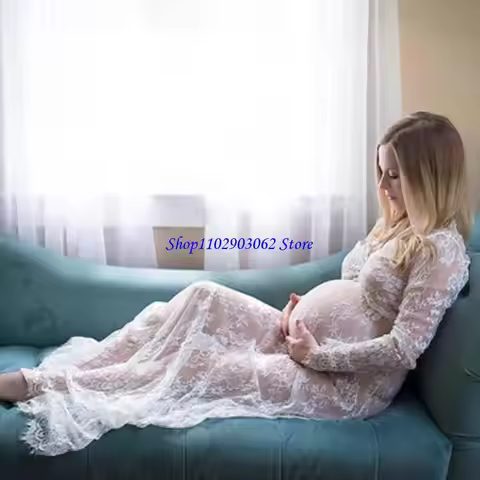 B5XB Flattering Maternity Dress Long Sleeve V Neck Sheer Lace Featuring Bodycon and Trailing Train f