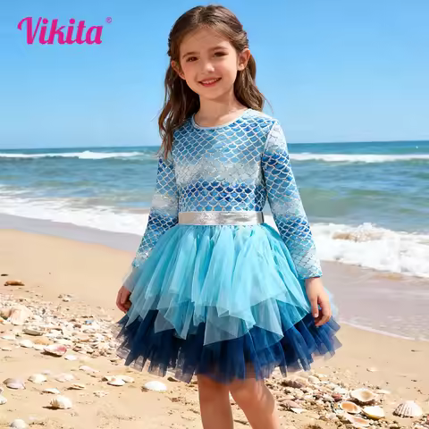 VIKITA Girls Blue Mermaid Print Tutu Dresses Kids Beach Vacation Birthday Party Gradient Princess Me
