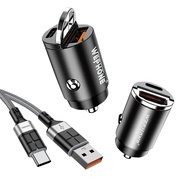 【Wephone】極速45W PD+QC 拉環雙孔車用充電器+3A抗彎折 USB to Type-C 鋁合金傳輸充電線