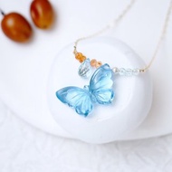 天然海水藍寶石 春日蝴蝶 手工雕刻水晶項鍊
