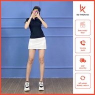 Women's polo shirt with BLACK collar, striped sleeves, 2-layer skirt cv10 WHITE [real photo taken by