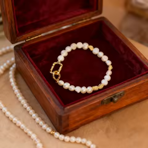 HENGSHENG 8-9mm Baroque Natural Freshwater Pearl Bracelets for Women 14k Gold Plated Square & Round 