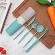 {XMAN Home Life} 1 Set Portable Reusable Cutlery Use Spoon and Fork Chopsticks Travel Picnic Wheatgrass Student Carrying Case