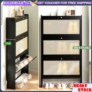 Bamboo Black Shoe Rack Thin Shoe Shelf with Breathable Flip Door Wall Shoe Cabinet Dustproof Shoes Storage