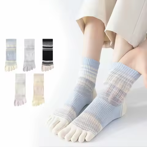 Women Cotton Five Finger Toe Socks Crew Sport Colors Summer Mesh Casual Calf Striped Socks 5-9 5-toe