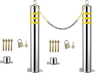 2pcs Stainless Steel Parking Lockable Parking Barrier,With Chains and Lock Easy To Set Up And Reloca