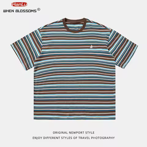 HANLU Retro Contrast Color Stripe Short Sleeve T-Shirt Unisex Summer New Style Embroidery Trendy Cas
