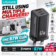USAMS CC279 67W GaN Fast Charger 3 Port USB C PD UK Plug Power Adapter