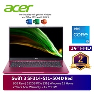 Acer Swift 3 SF314-511-504D 14 inch FHD Laptop Berry Red | I5-1135G7 | 8GB | 512GB SSD | Windows11 | MS Office H&amp;S