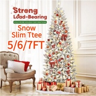 7FT Slim Snow Flocked Pencil Christmas Tree Fir Hinged Slim Skinny Corner Snow Branch Xmas Tree