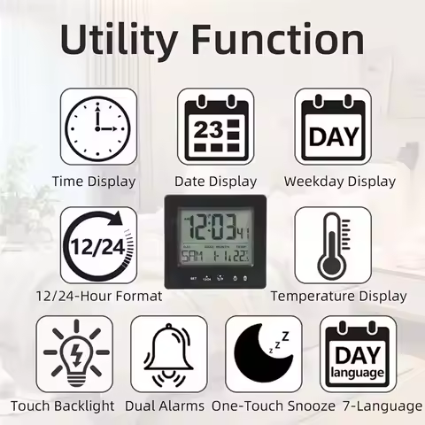 Thermometer, Digital Radio Alarm Clock With 2 Alarm Times, Radio-Controlled Clock, 5-Minute