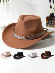 1入女士腰帶裝飾波西米亞牛仔帽，爵士帽巴拿馬遮陽帽柔軟羊毛沙灘帽，牛仔帽卓著帽緣戶外貝多拉帽