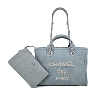 CHANEL 經典Deauvill帆布鏈帶小號托特包(灰藍)/平行輸入