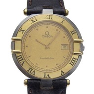 二手OMEGA星座系列女士腕錶，不鏽鋼錶殼搭配皮革錶帶，石英機芯，模擬顯示，金色錶盤。