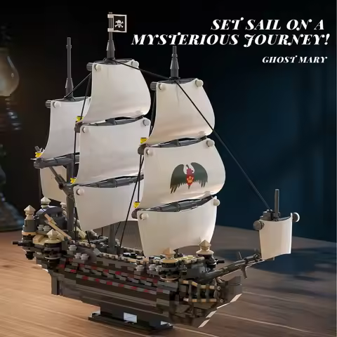 1055PCS Ghost Mary Pirate Ship MOC Blocks Compatible Lego Black Sail Warship Model Base ABS Brick Co