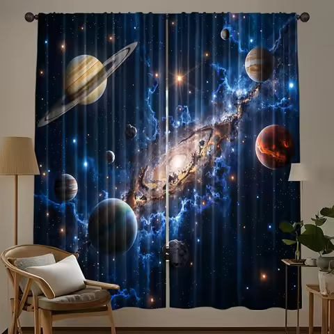 [Space Roller Blind] 2pcs Blue Galaxy Polyester Space-Themed Roller Blind Curtains | Astronaut & Pla