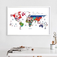 Map of The World Poster Jointed with Countries Flags Canvas Art Prints Creative Map Painting LK23