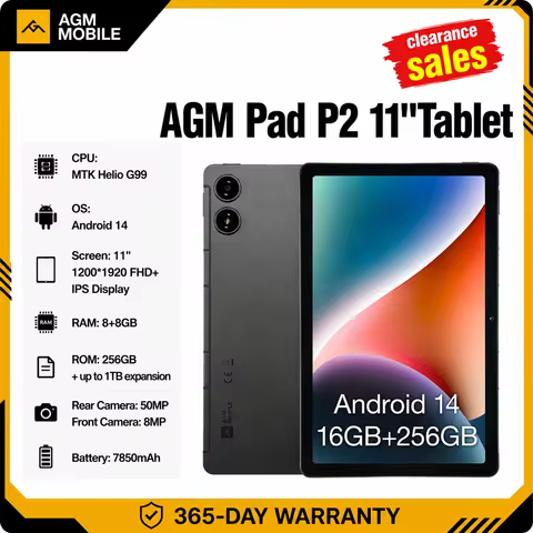 AGM Pad P2 Tablet 11" Fhd Display 480Nit Brightness 8Gb+256Gb Mtk G99 50Mp Camera 7850Mah Battery Wi