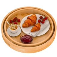 Y6(BGOP) Round Serving Tray with Handles - Wooden Bamboo Circle Tray for Coffee Table Food Ottoman