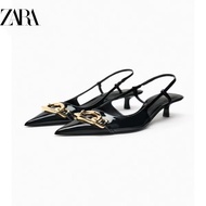 Zara Pointed Toe Low Heel Shallow Mouth Women's Shoes Metal Buckle Fashionable Slingback Fashion Stiletto Sandals