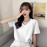 Short Womens T-shirt 2024 Summer New Solid Color Versatile Loose V-neck Casual Top