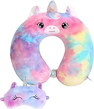 Kids Neck Pillow for Traveling, Travel Pillow for Kids with Eye Mask, Toddler Cute Airplane Travel Essentials, Cartoon U-Shape Memory Foam Car Seat Flight Head Support Pillow for Child Gift (Unicorn)