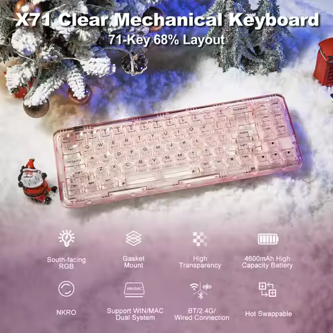 YUNZII X71 Pink 68% Layout Wireless BT/2.4G/USB-C Gasket Hot-Swap Transparent RGB Mechanical Gaming 