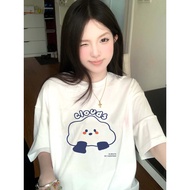 [Cherry 7] 100% Cotton Short-Sleeved T-shirt Sports Top Retro oversize T-shirt ins Style Girls Cloth