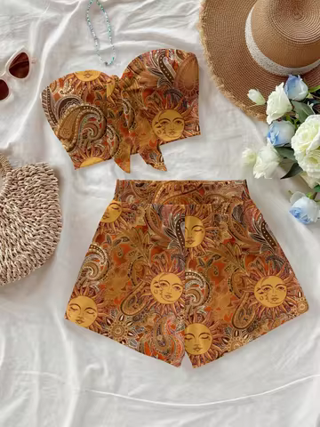 Size Women 2 Pieces Set With Vintage Gold Sun God & Paisley Patterns, Minimalist Casual Summer Beach