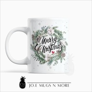 M467 JO.E CUSTOM NAME CHRISTMAS WREATH 3 MUG. CUP. PERSONALISED. GIFT