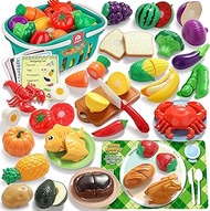 Coogam Pretend Play Food Set for Children, Fake Fruits Meats Vegetables Balanced Meal Mixing and Cut
