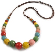 Multicoloured Graduated Ceramic Bead Brown Silk Cords Necklace/58cm to 70cm L/Slight Variation In Co