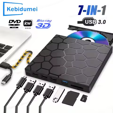 7 in 1 CD DVD Recorder Player USB3.0&Type C Writer External DVD Burner Optical Drive Portable Reader