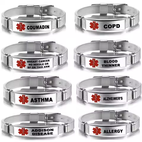 Medical Alert ID Bracelet Emergency First Aid Health Monitoring Laser Engraved Satinless Steel Adjus