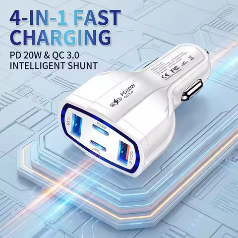 4-in-1 63W Auto Charger Power Adapter Dual Type C PD 20W QC 3.0 USB Ports Fast Charging For Mobile P