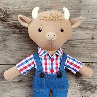 Beige bull, handmade plush cow doll, stuffed wool fabric toy