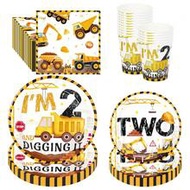 10pcs/50pcs/80pcs Construction 2nd Birthday Party Decorations 2nd Plates Napkins Tableware Set Dispo