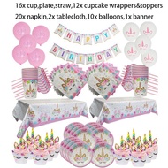 Unicorn Party Supplies Tableware Set Unicorni Tablecloth Paper Cup Napkins Banner Cake Topper Weddin
