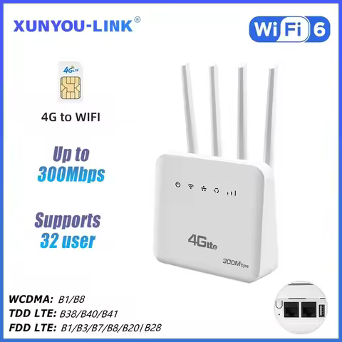 XUNYOU-LINK 4G LTE WiFi Router WiFi 6 300Mbps SIM Routers Wireless Modem Supports 32 Device WIFI Rou