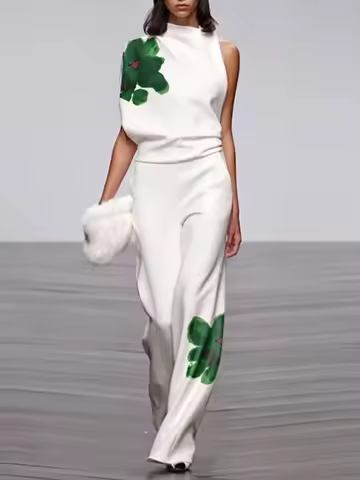 UOOZEE 2025 New Summer Women's 2 Piece Sets Fashion Floral Printed High Neck One-shoulder Tops & Hig