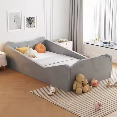 Toddler Bed, Floor Bed with Safety Guadrail, Montessori Toddler Bed with Animal Ear Shapes, Soft Vel